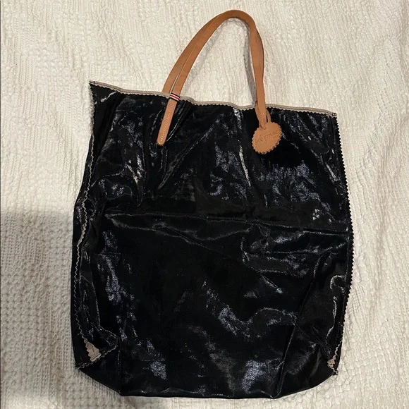 JACK GOMME Paris Amie Linen Tote Bag Black with honey trim NWOT - Picture 2 of 11